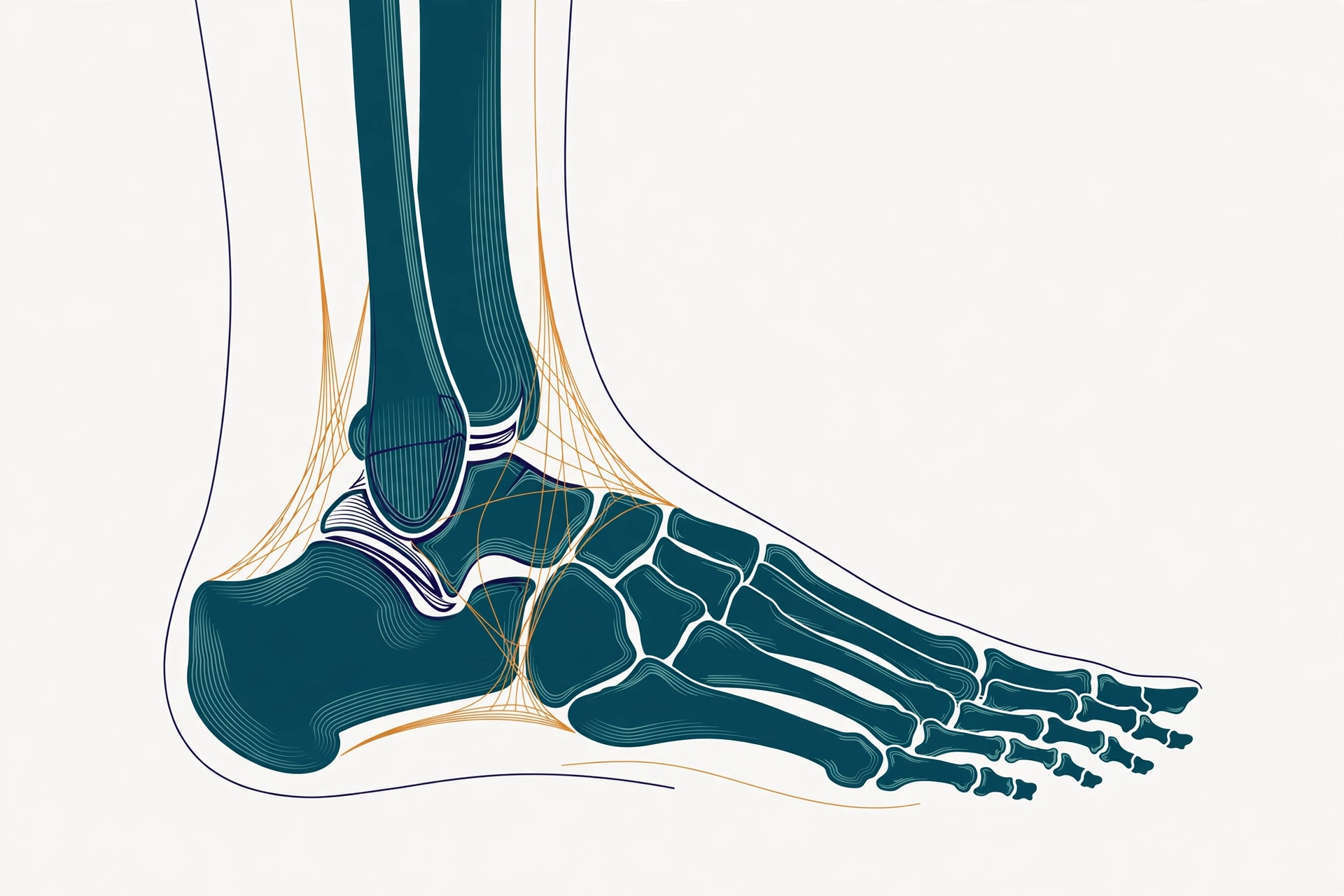 Illustrated anatomy of the foot and ankle, showing the bones of the foot and ankle joint in teal with ligament lines in amber